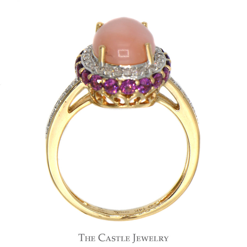 Oval Pink Opal Ring with Diamond and Amethyst Halo & Accents in 14k Yellow Gold