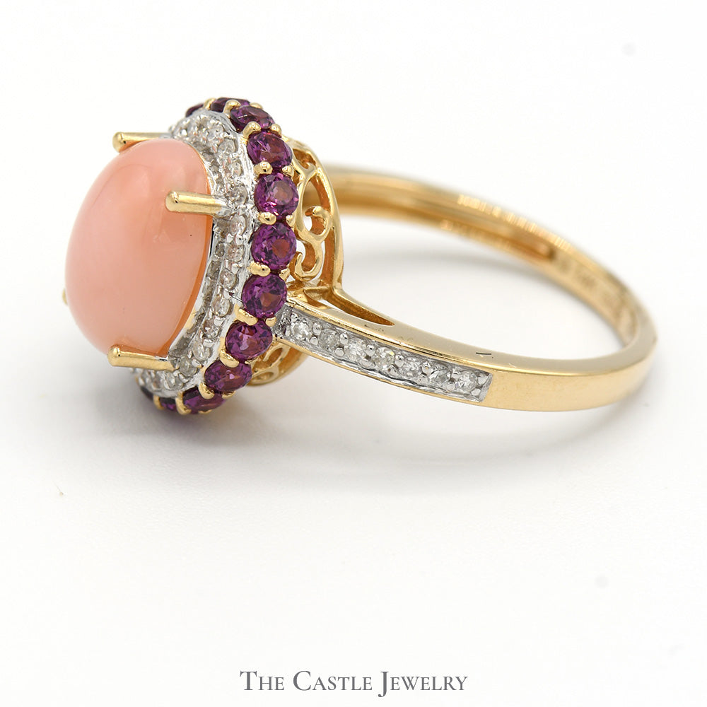 Oval Pink Opal Ring with Diamond and Amethyst Halo & Accents in 14k Yellow Gold