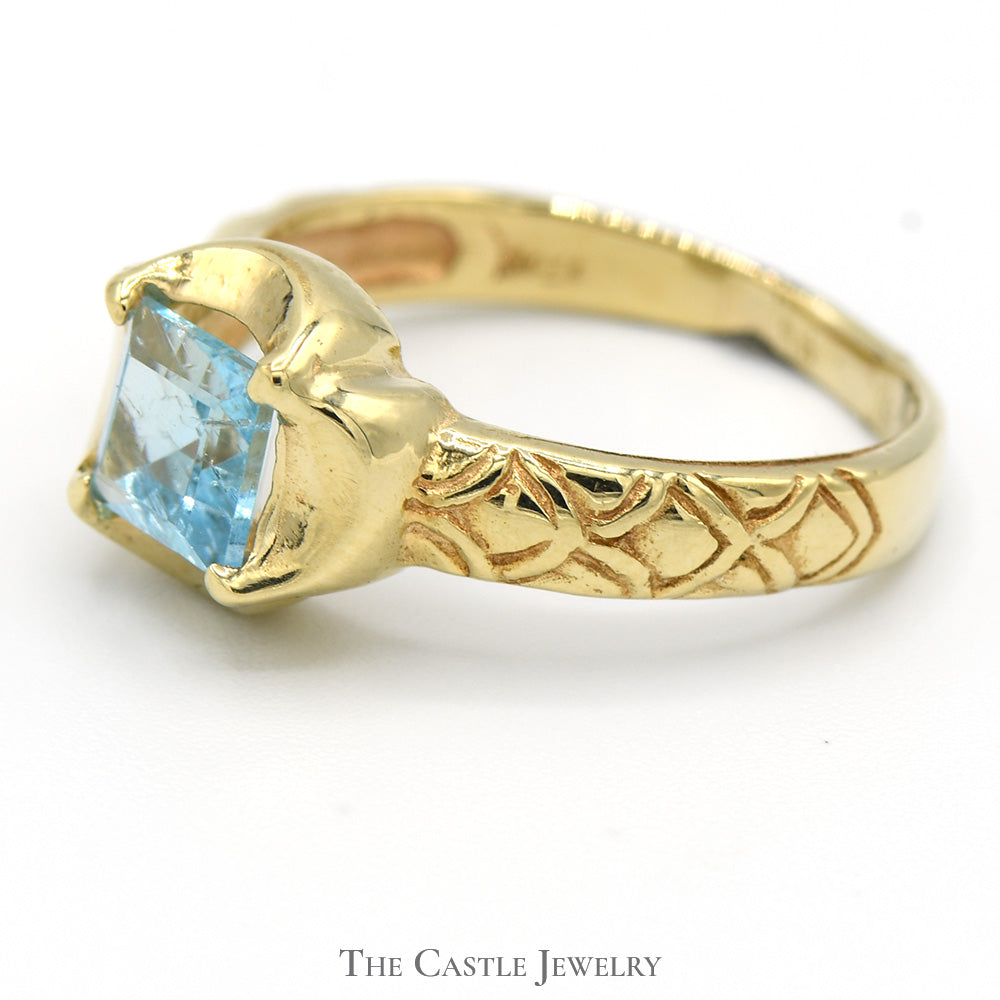 Square Shaped Blue Topaz Ring in 14k Yellow Gold Concave Mounting with ...