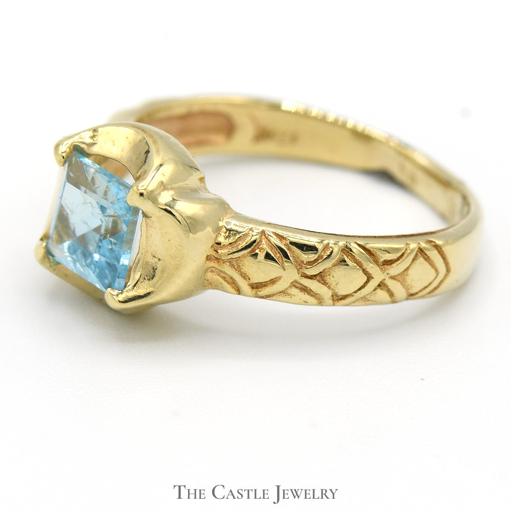 Square Shaped Blue Topaz Ring in 14k Yellow Gold Concave Mounting with Ornate Sides