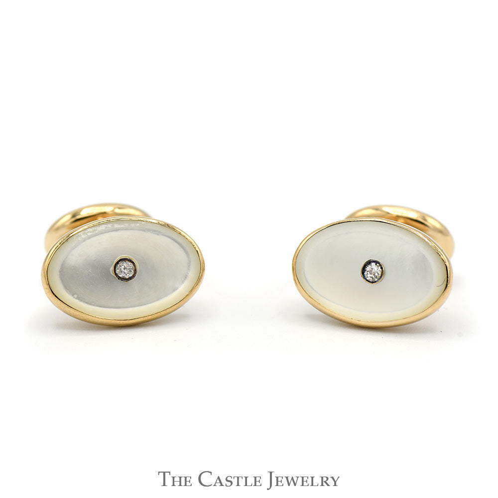 Oval Mother of Pearl Cufflinks with Bezel Set Diamond Accents in 14k Yellow Gold