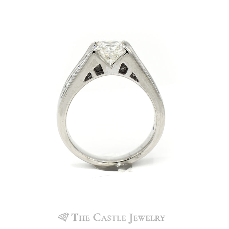 Emerald Cut Diamond Solitaire with Channel Set Princess Cut Diamond Accents in 18k White Gold