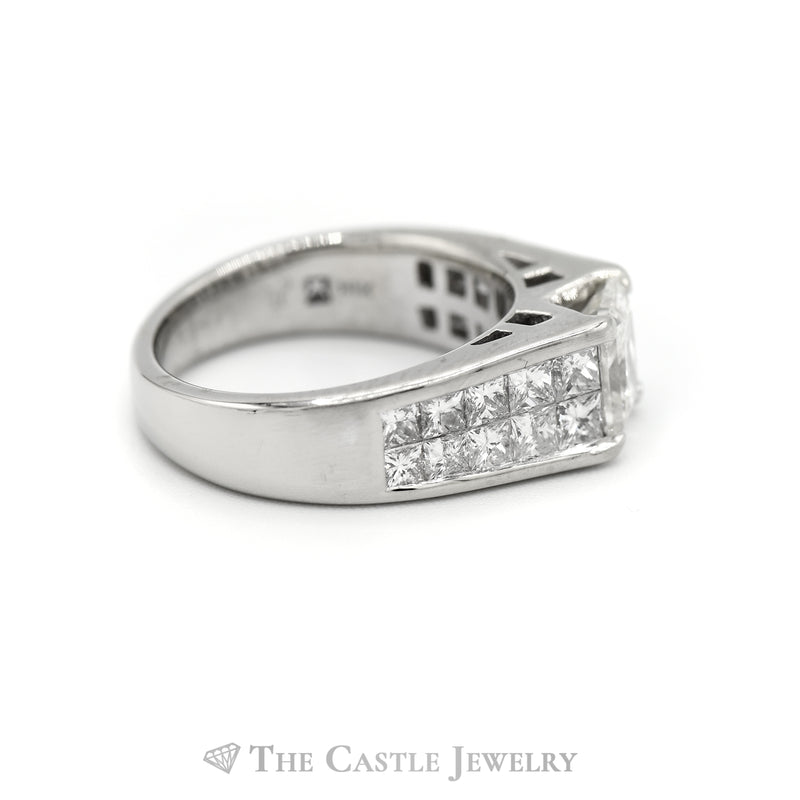 Emerald Cut Diamond Solitaire with Channel Set Princess Cut Diamond Accents in 18k White Gold
