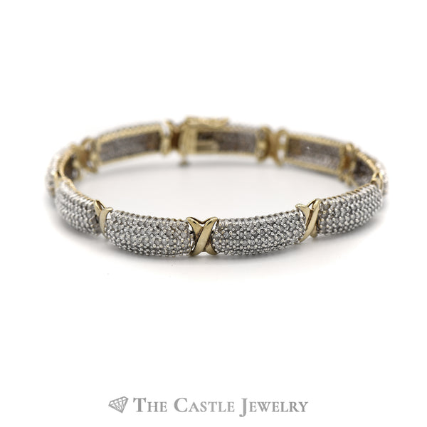 3cttw Round Diamond Cluster Bracelet with "X" Links in 10k Yellow Gold
