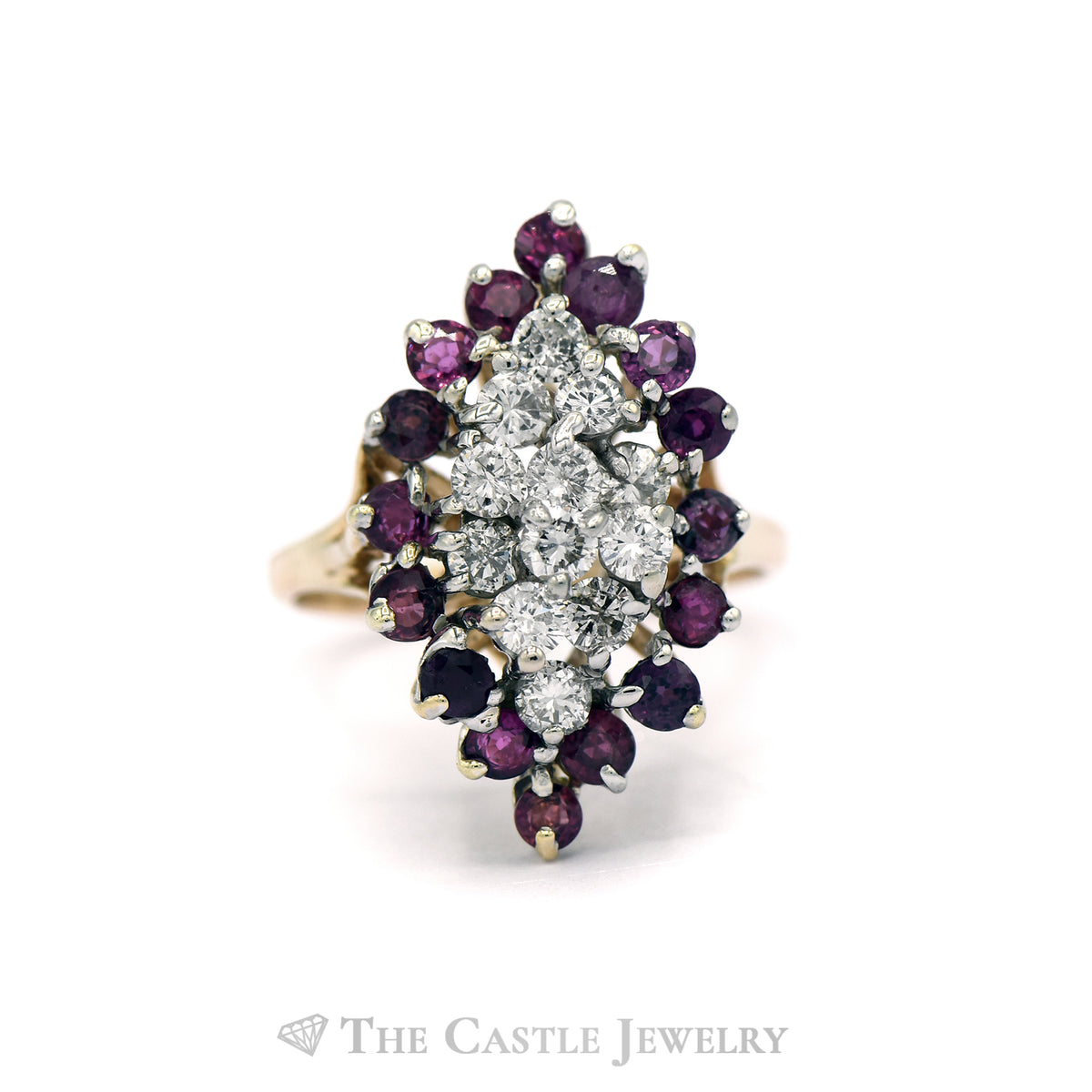 Marquise Shaped Ruby and Diamond Cluster Ring in 14KT Yellow Gold