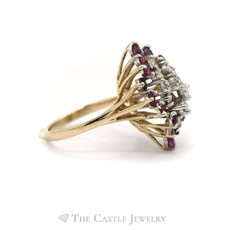 Marquise Shaped Ruby and Diamond Cluster Ring in 14KT Yellow Gold