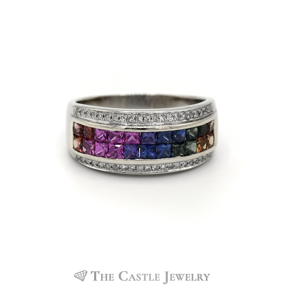 Multi-Colored Gemstone Cluster Band with Diamond Accents in 14k White Gold