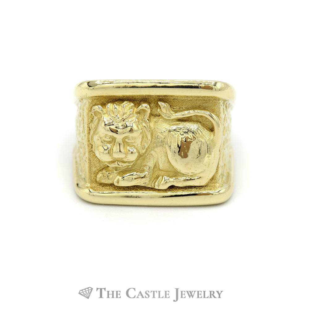 Large 18k Solid Yellow Gold Lion Ring with Brushed Sides