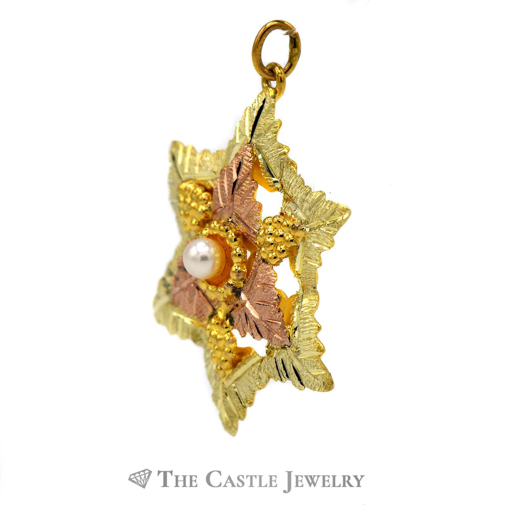10k Two Tone Yellow and Rose Gold Snowflake Shaped Leaf Designed Pendant with Pearl Accent
