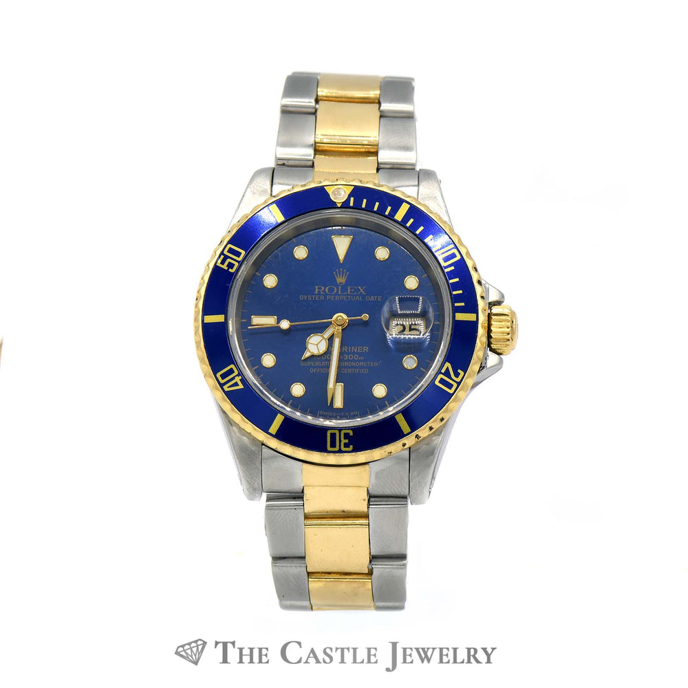 Quickset Rolex Submariner 16613 with Blue Dial and Two Tone 18k and Stainless Steel Oyster Band