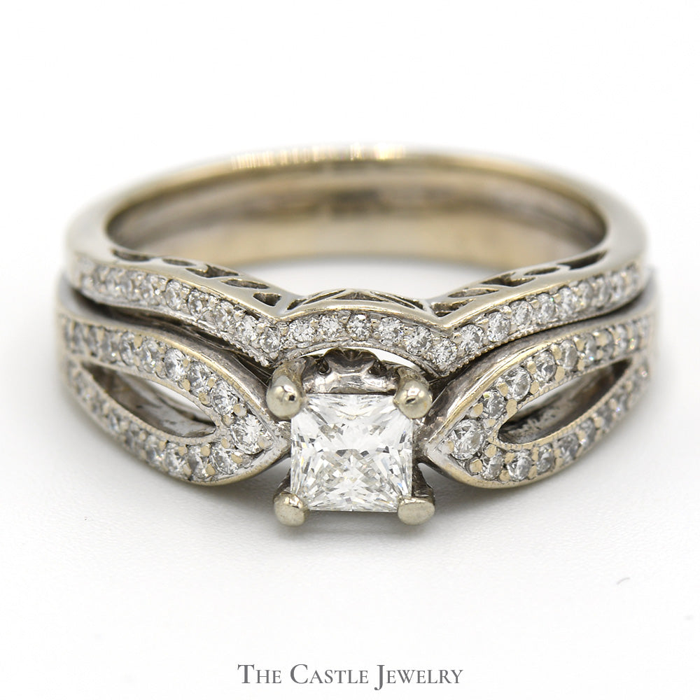 1cttw Princess Cut Diamond Solitaire Bridal Set with Accents and Matching Band in 14k White Gold