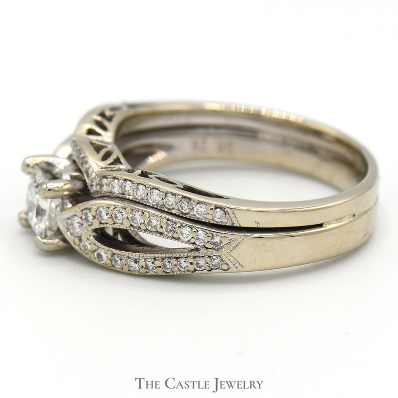 1cttw Princess Cut Diamond Solitaire Bridal Set with Accents and Matching Band in 14k White Gold