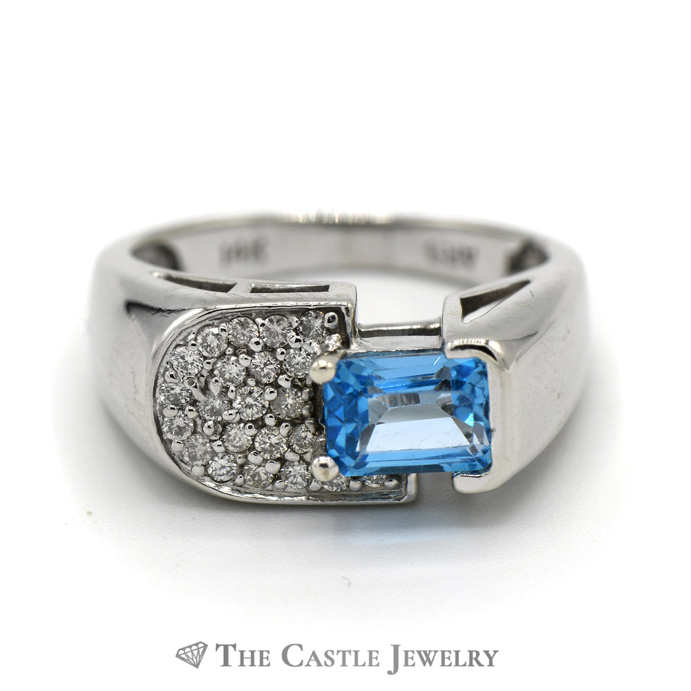 Emerald Cut Blue Topaz and Diamond Cluster Ring in 14k White Gold