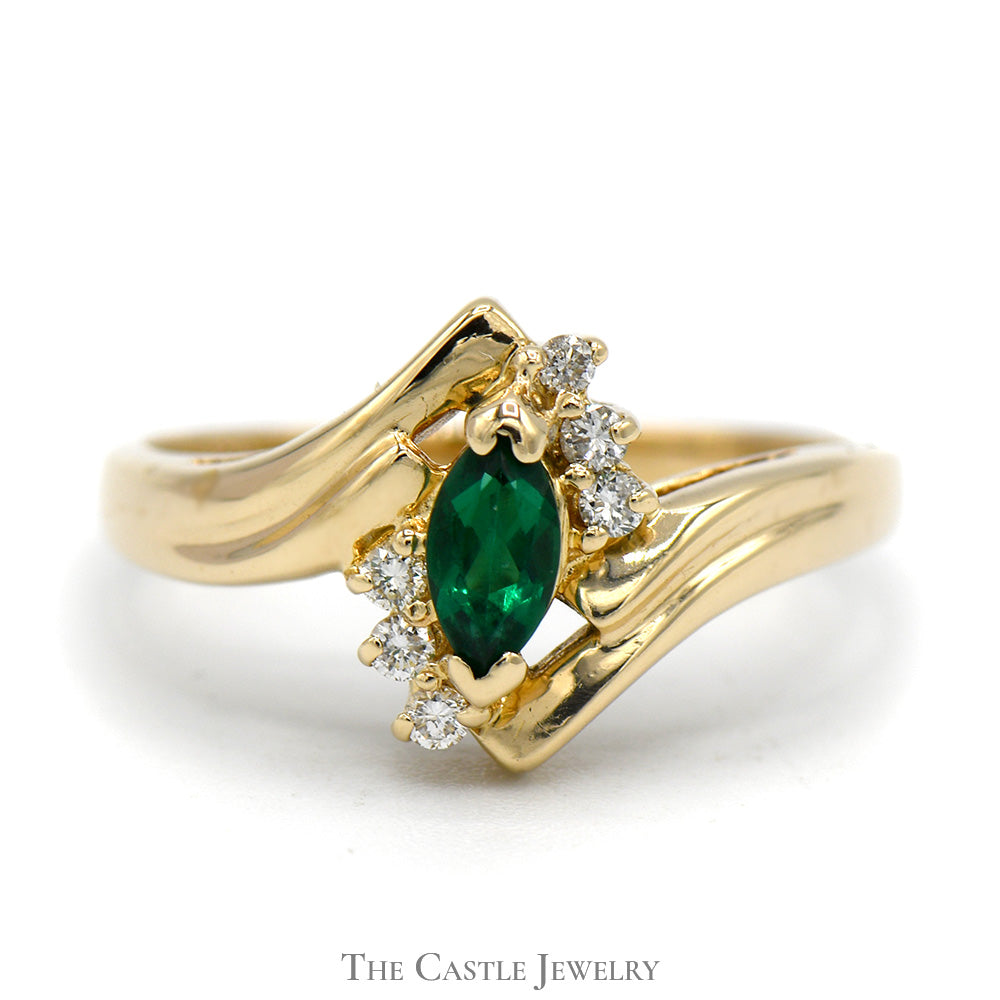 Marquise Cut Emerald Ring with Diamond Accents in 14k Yellow Gold
