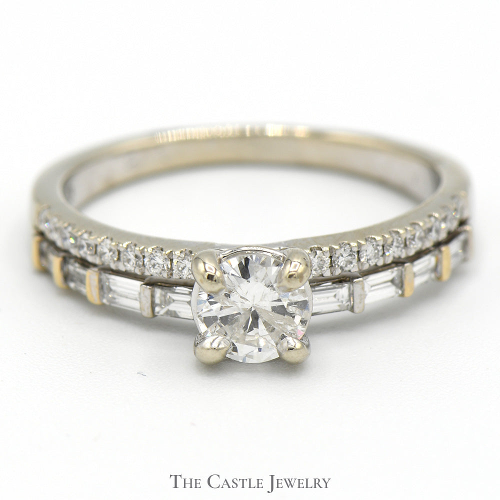 Round Diamond Solitaire Engagement Ring with Baguette and Round Diamond Accents in 14k White Gold
