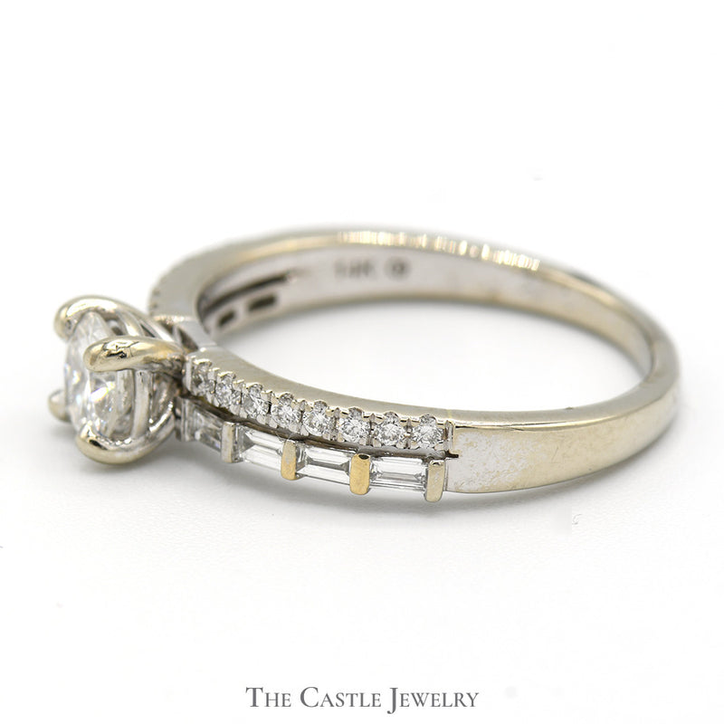 Round Diamond Solitaire Engagement Ring with Baguette and Round Diamond Accents in 14k White Gold