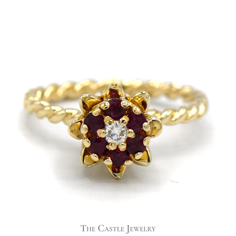Ruby and Diamond Cluster Ring with Flower and Rope Designed 14k Yellow Gold Mounting