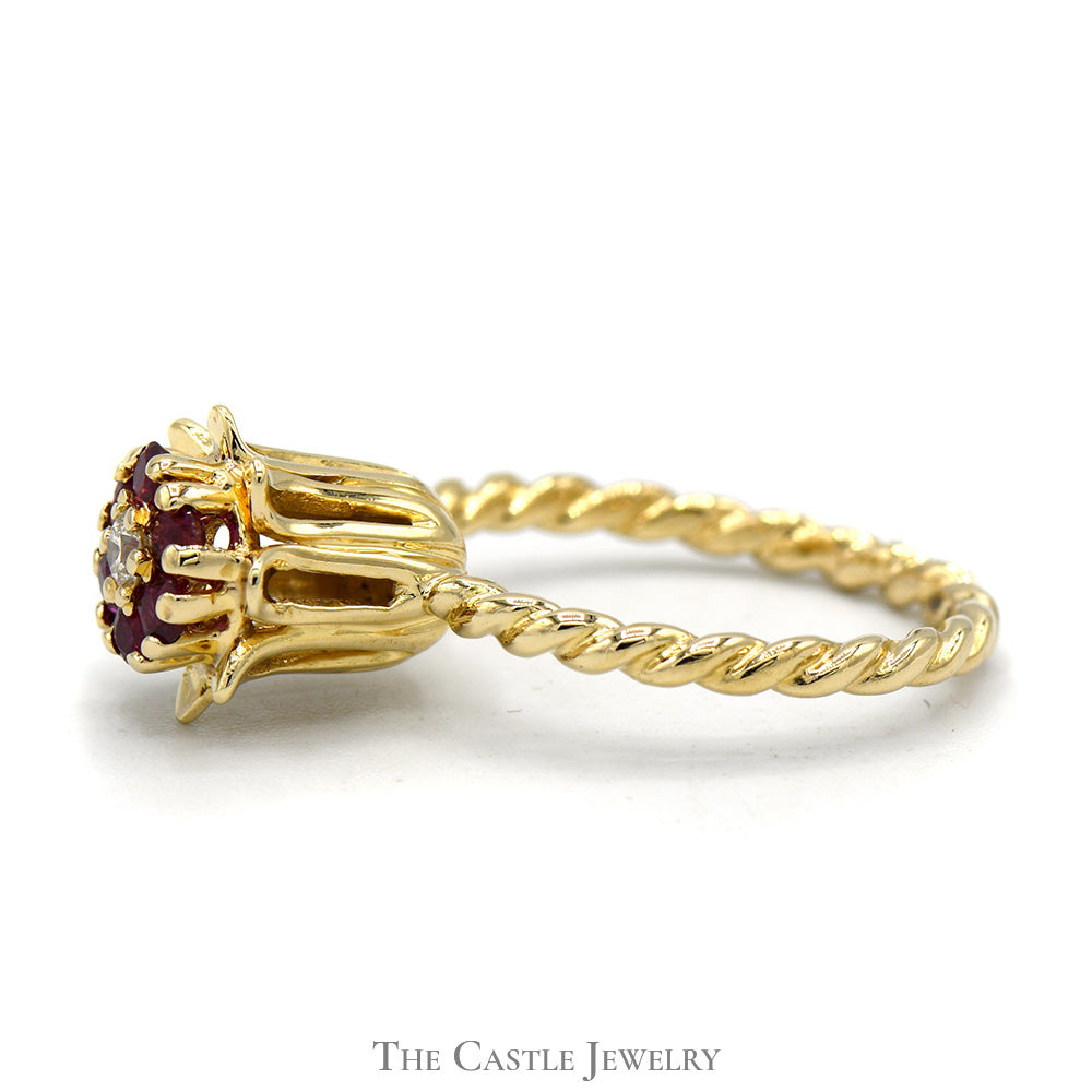 Ruby and Diamond Cluster Ring with Flower and Rope Designed 14k Yellow Gold Mounting