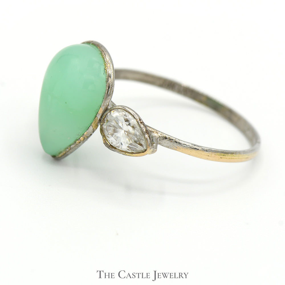 Bezel Set Pear Cut Jade Ring with Moissanite Accents in 14k White Gold