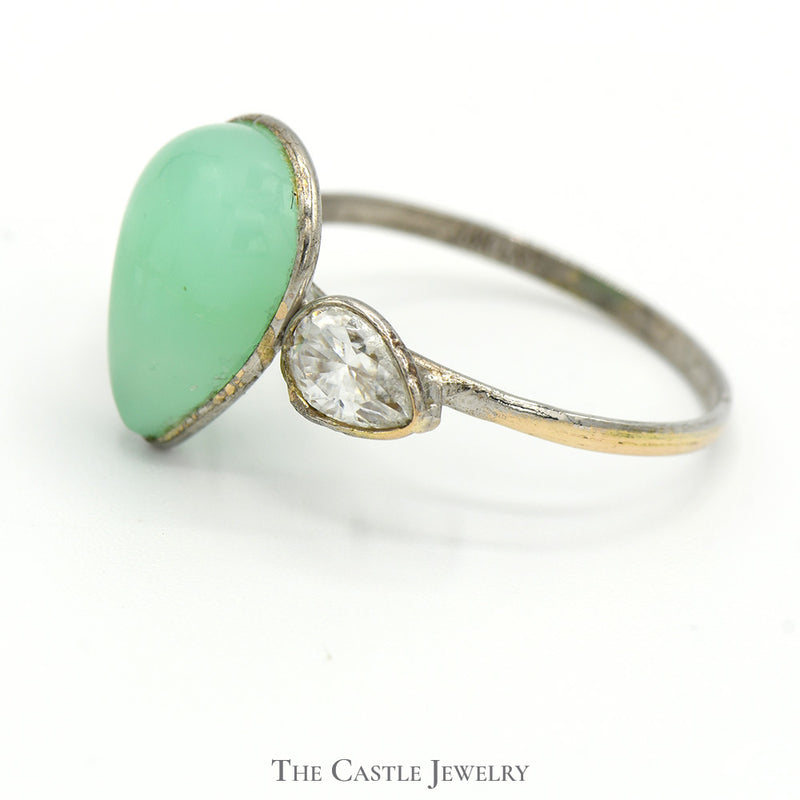 Bezel Set Pear Cut Jade Ring with Moissanite Accents in 14k White Gold