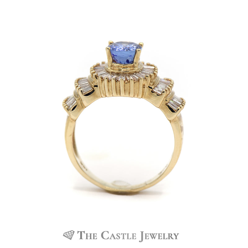 Oval Cut Tanzanite Ring with 1.5cttw Baguette Cut Diamond Halo & Accents