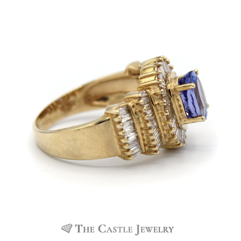 Oval Cut Tanzanite Ring with 1.5cttw Baguette Cut Diamond Halo & Accents