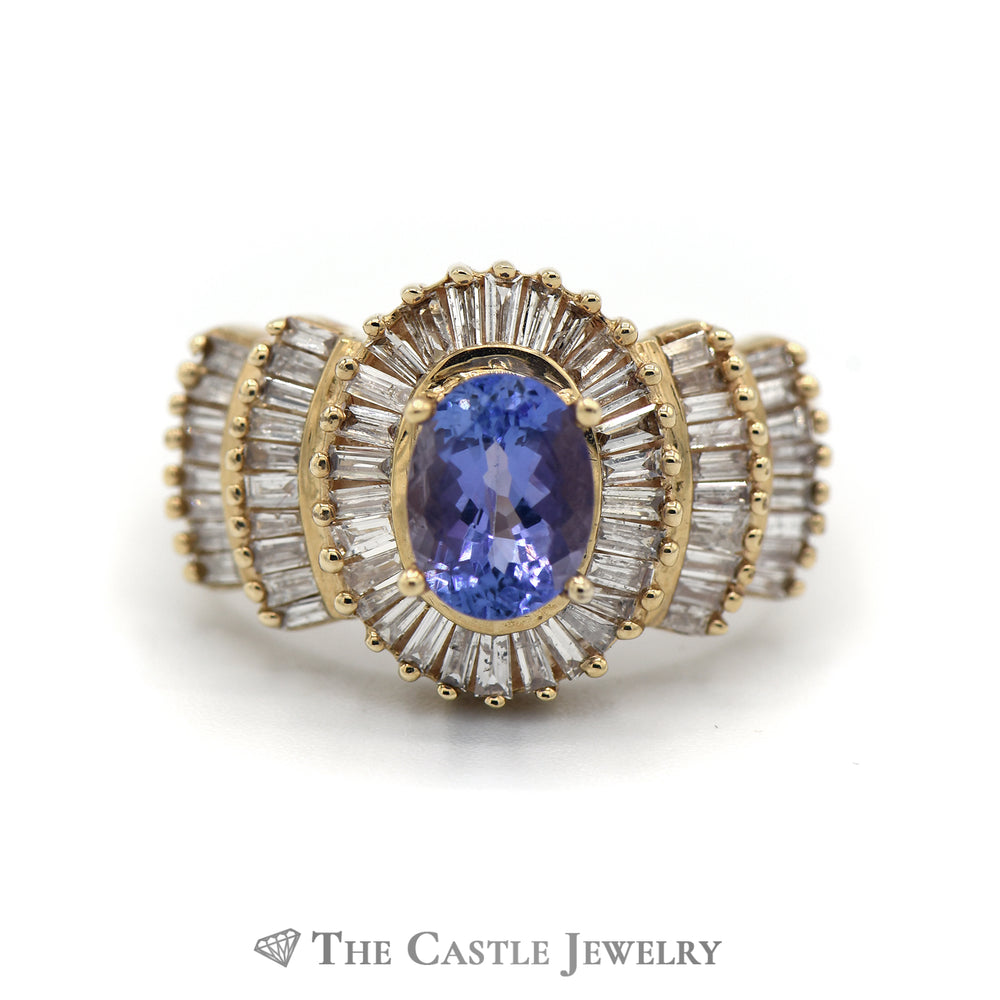 Oval Cut Tanzanite Ring with 1.5cttw Baguette Cut Diamond Halo & Accents