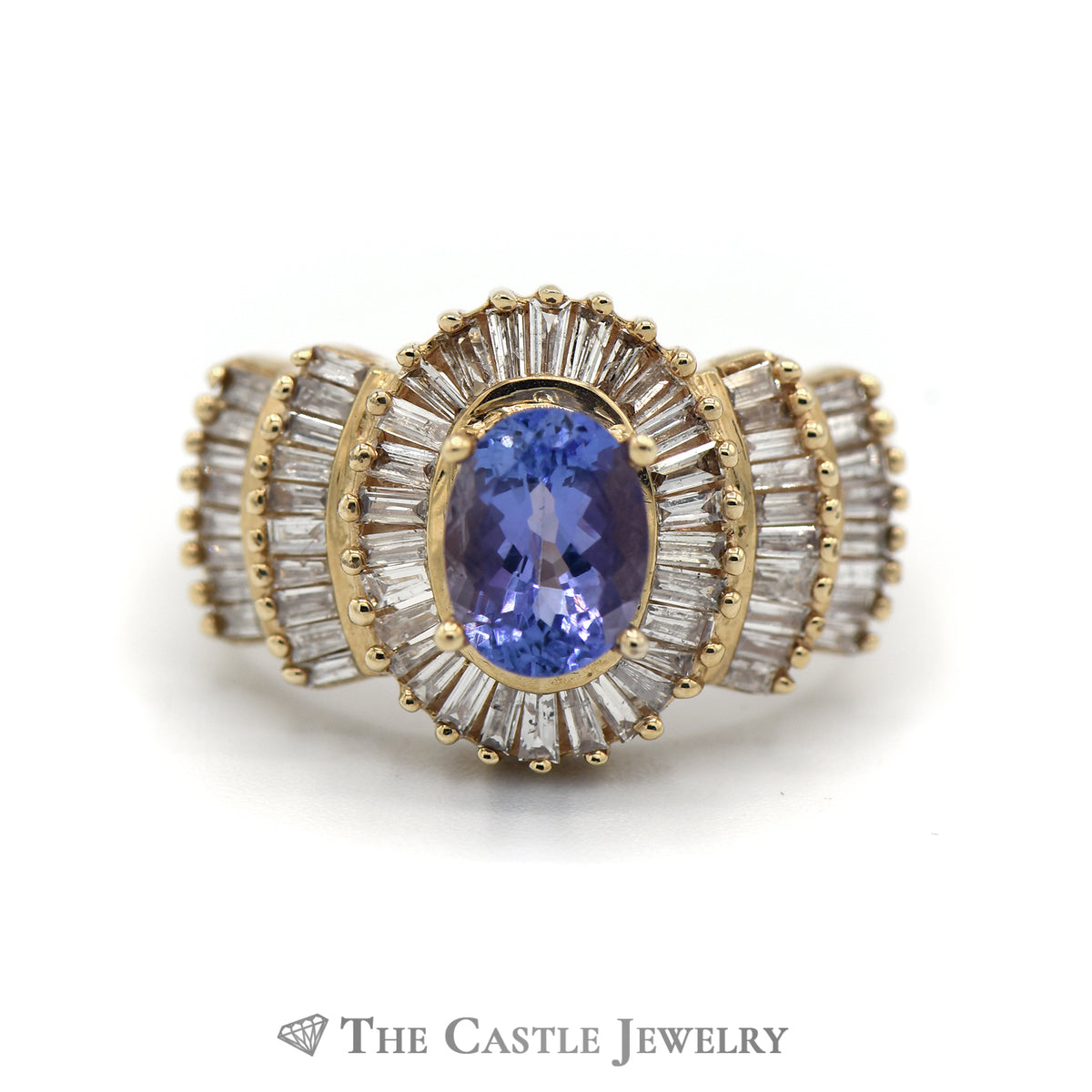 Oval Cut Tanzanite Ring with 1.5cttw Baguette Cut Diamond Halo & Accents