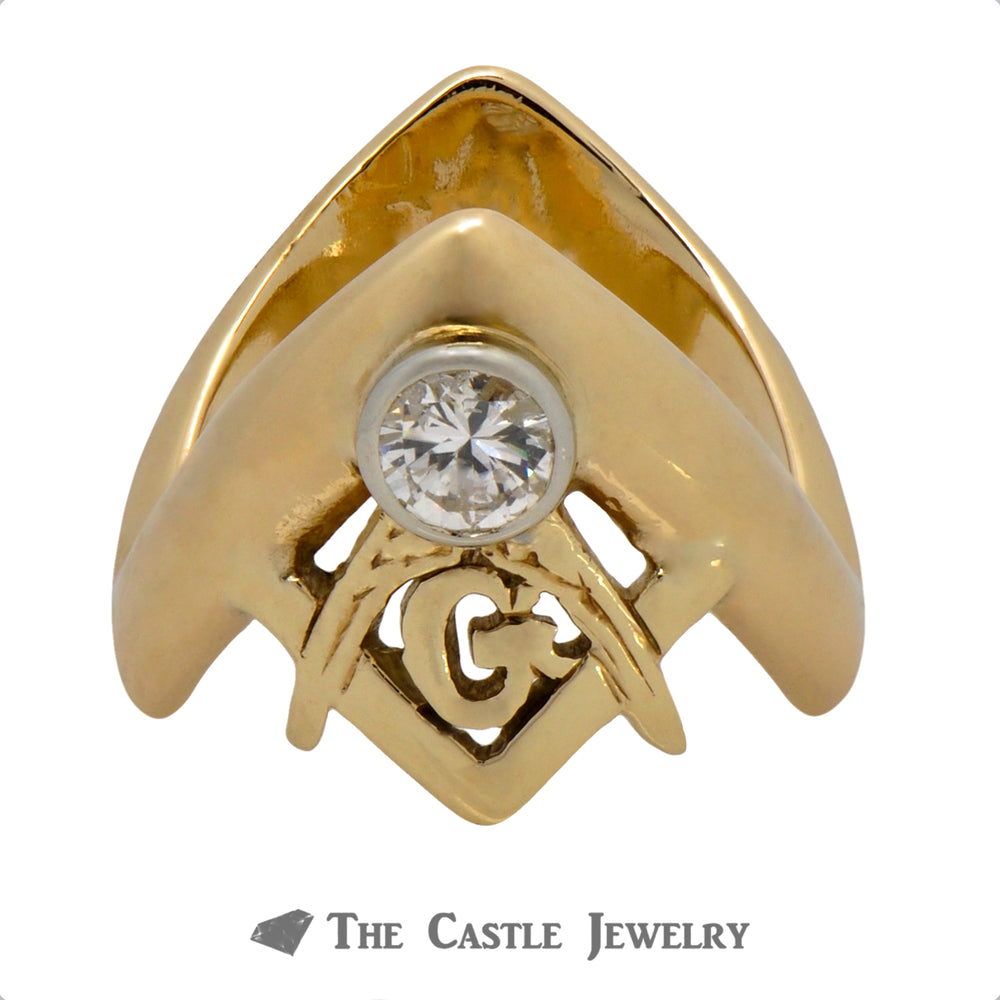 Men's "V" Shaped Designed Diamond Masonic Ring in 14k Yellow Gold