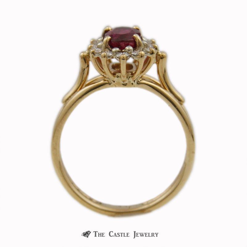 Oval Cut Ruby Ring with .25cttw Round Brilliant Cut Diamond Bezel & Cathedral Mounting