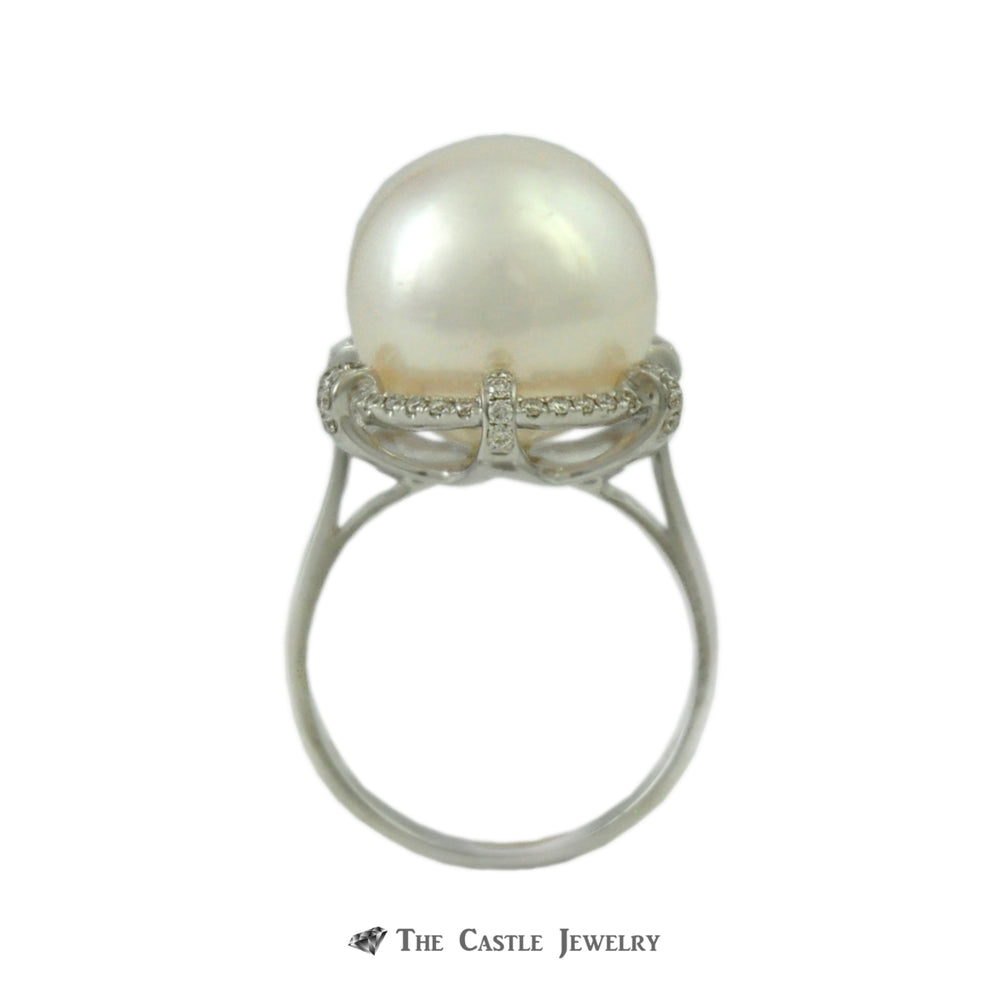 Large 14mm Pearl Ring with Unique .37cttw Round Brilliant Cut Diamond Bezel