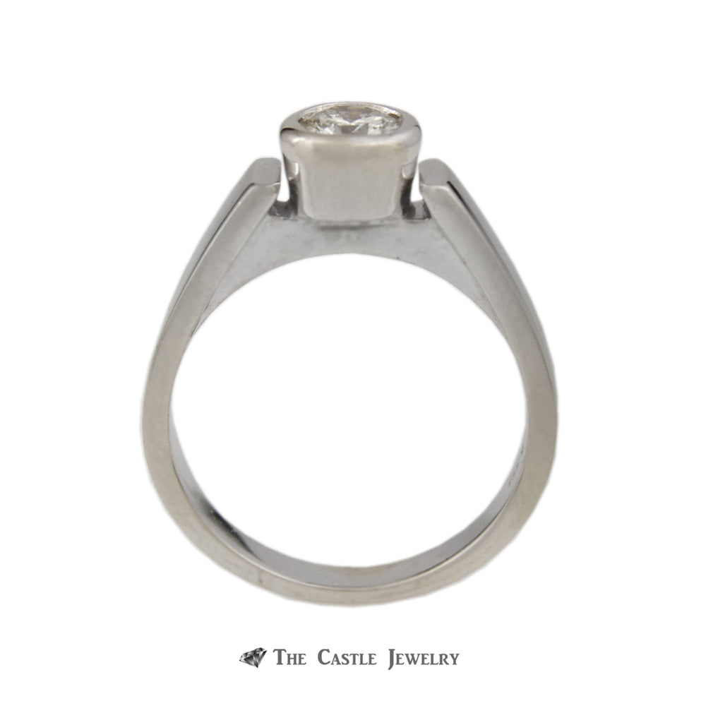 Bezel Set Round Brilliant Cut Diamond Engagement Ring with Cathedral Mounting in 14K White Gold