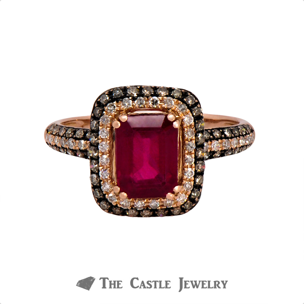 Effy Emerald Cut Ruby Ring with White and Chocolate Diamonds in