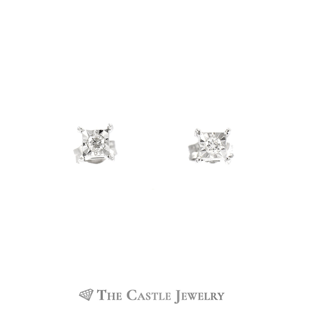 Round Diamond Stud Earrings in Square Illusion Mounting