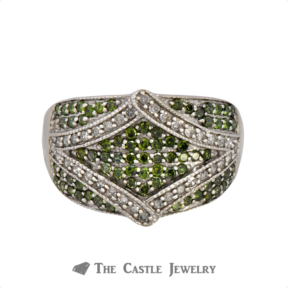 Green & White Diamond Cluster Ring With Fancy Rectangle Shaped Design