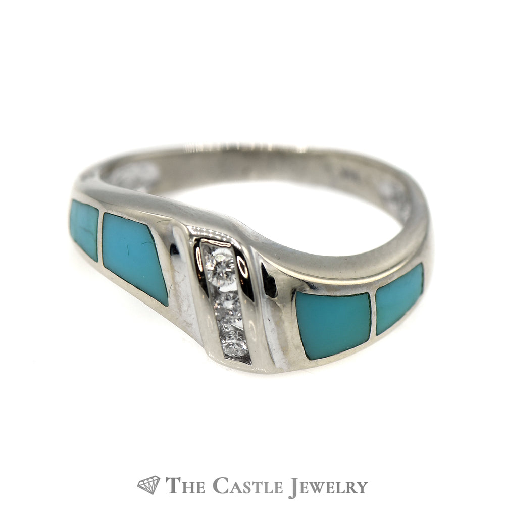 Triple Channel Set Diamond Band with Turquoise Inlay Accents in 14k White Gold