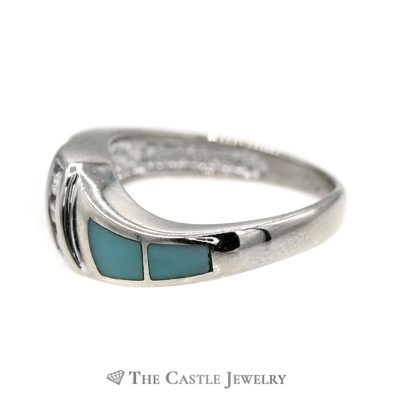 Triple Channel Set Diamond Band with Turquoise Inlay Accents in 14k White Gold