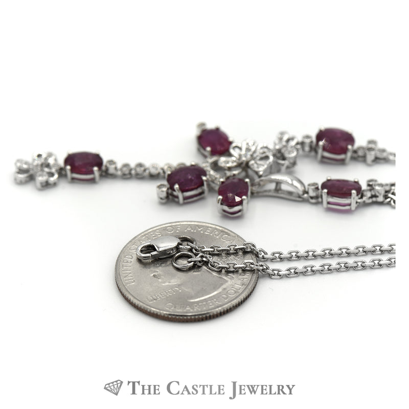 Free Form Drop Design Oval Cut Ruby and .50ctw Diamond Necklace in 14k White Gold