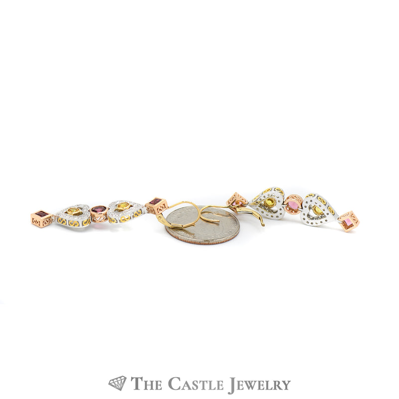 Demeter Dangling Diamond, Pink Tourmaline, & Yellow Sapphire Earrings