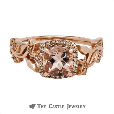 Cushion Cut Morganite Ring with Diamond Halo & Flower Design Rose Gold Mounting