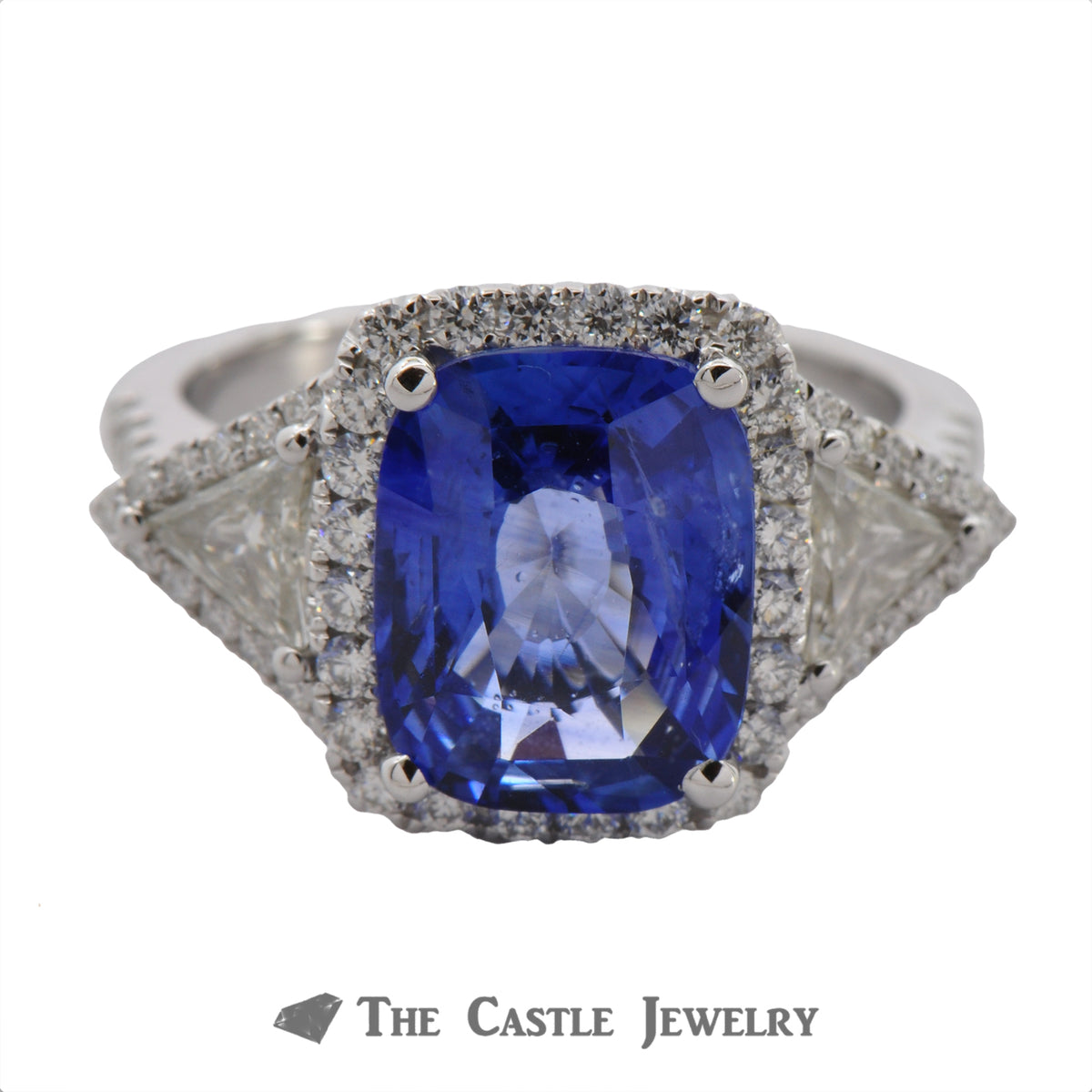 Cushion Cut Sapphire Ring with Trillion & Round Diamond Accents