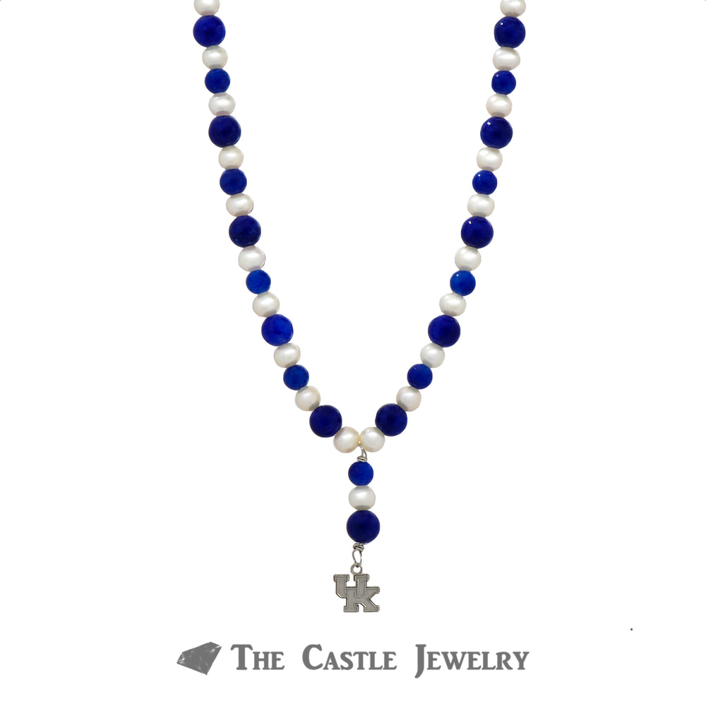 18" Pearl & Blue Jade Collegiate Necklace with "UK" Dangling Pendant