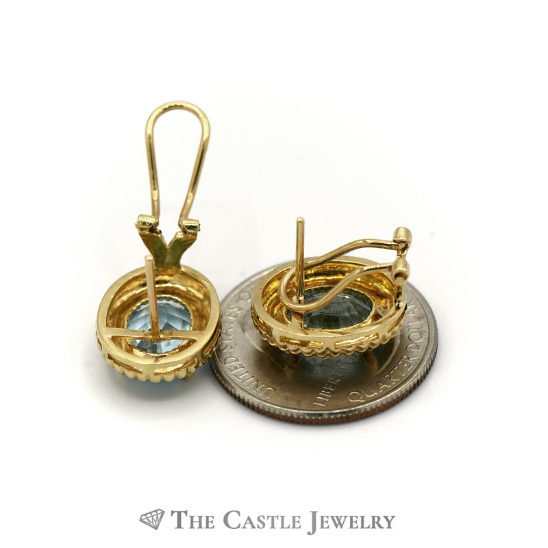 Oval Blue Topaz Earrings with Ribbed Gold Bezel in 14K Yellow Gold