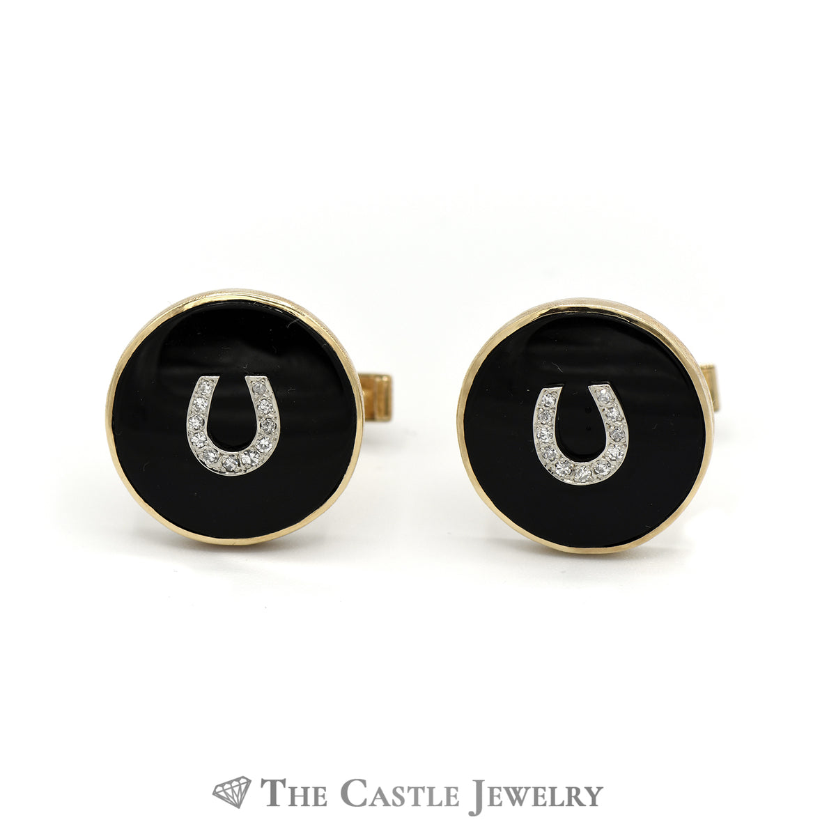 Round Black Onyx Diamond Horseshoe Cuff links