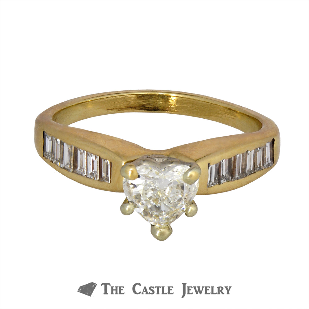 Heart Shaped Diamond Engagement Ring with Baguette Mounting in 14K Yellow Gold