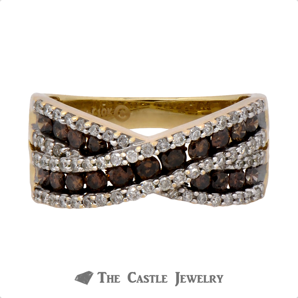 Kallati White & Chocolate Diamond "X" Style Designer Ring in 10k Yellow Gold