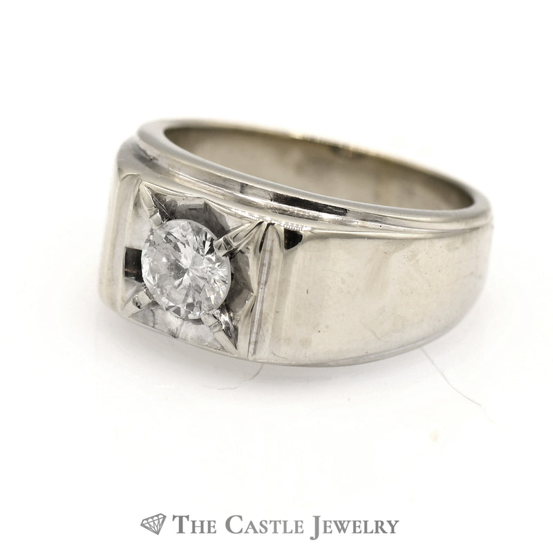Gent's .75 Carat Solitaire Round Brilliant Cut Diamond Ring In 14KT White Gold