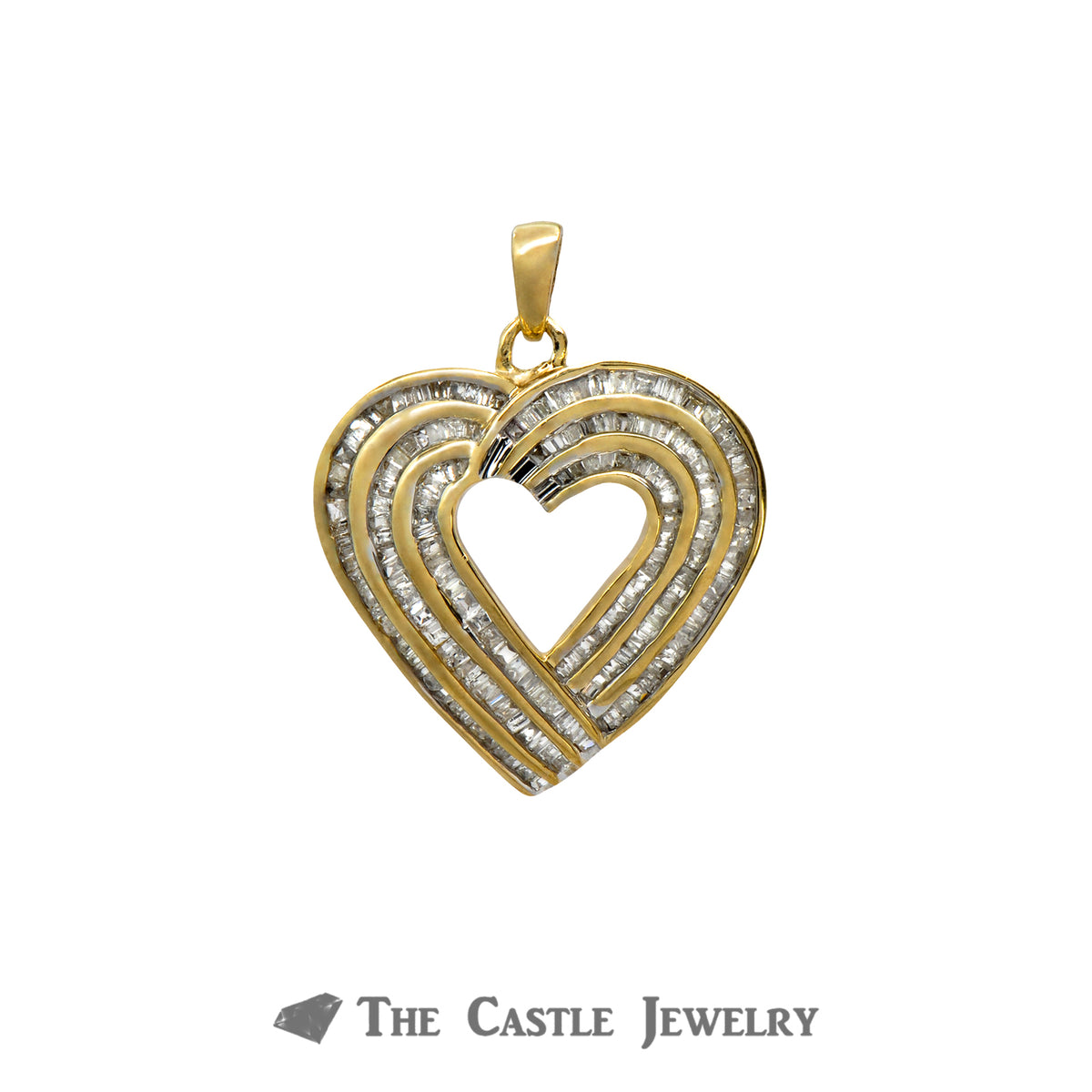 Heart Pendant with 3 Rows of 1cttw Channel Set Baguette Cut Diamonds in 10k Yellow Gold