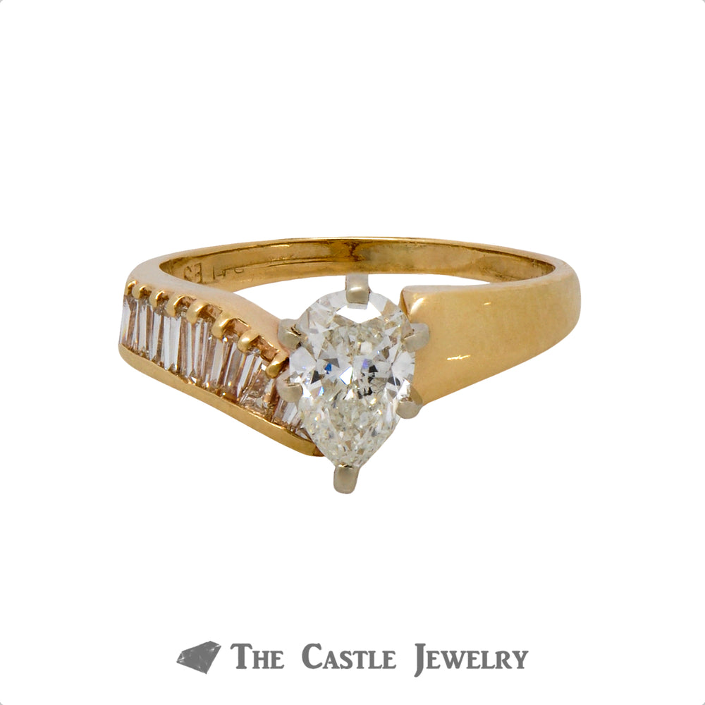 Pear Cut Diamond Engagement Ring with Asymmetrical Baguette Cut Diamond Accents in 14k Yellow Gold