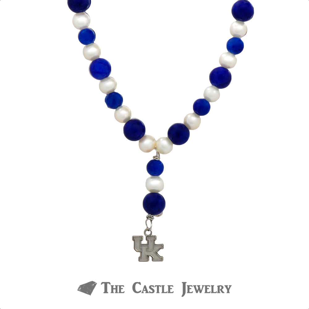 18" Pearl & Blue Jade Collegiate Necklace with "UK" Dangling Pendant